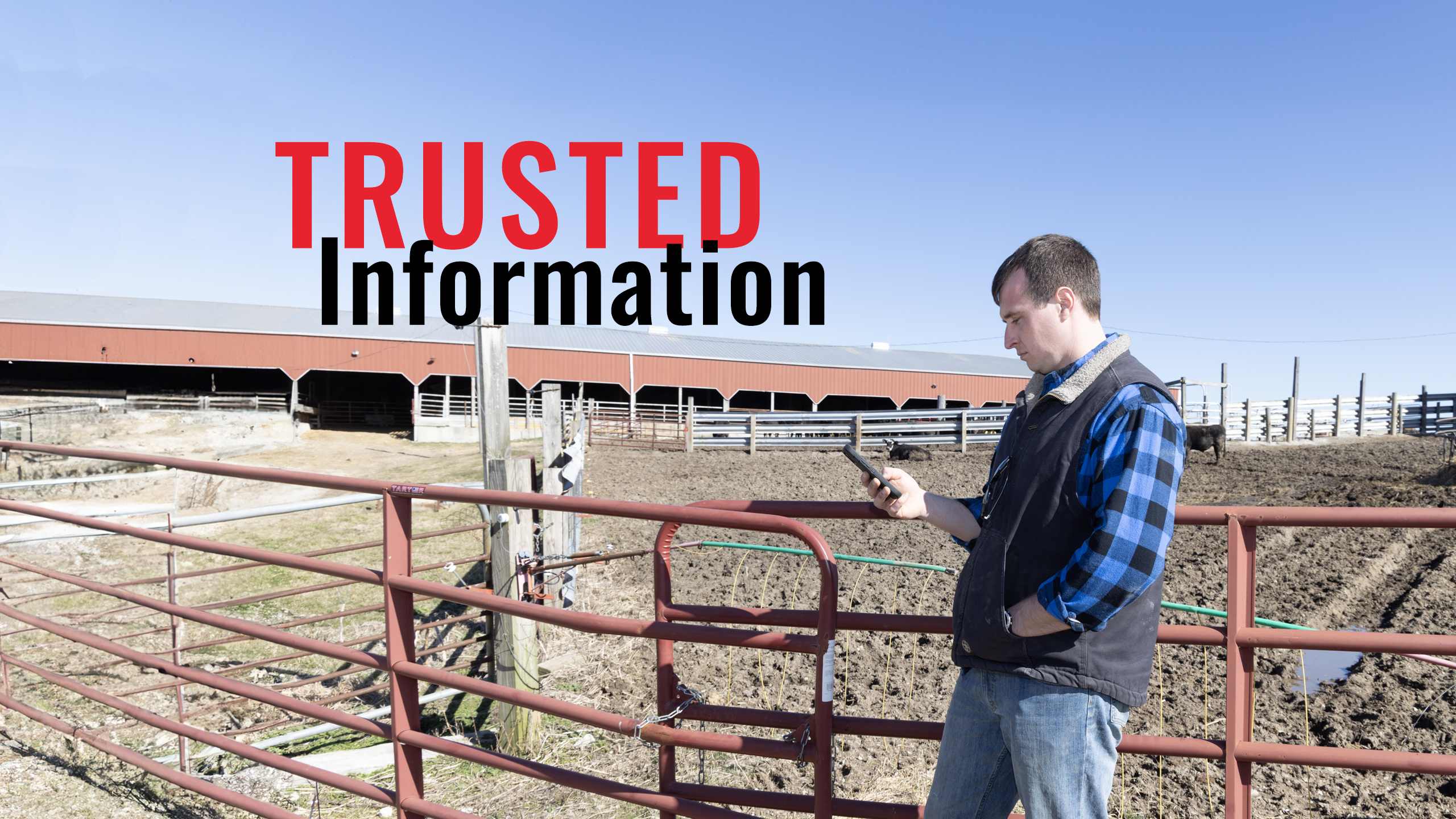 Trusted Information written on an image of a man standing against a fence on a farm looking at his phone.