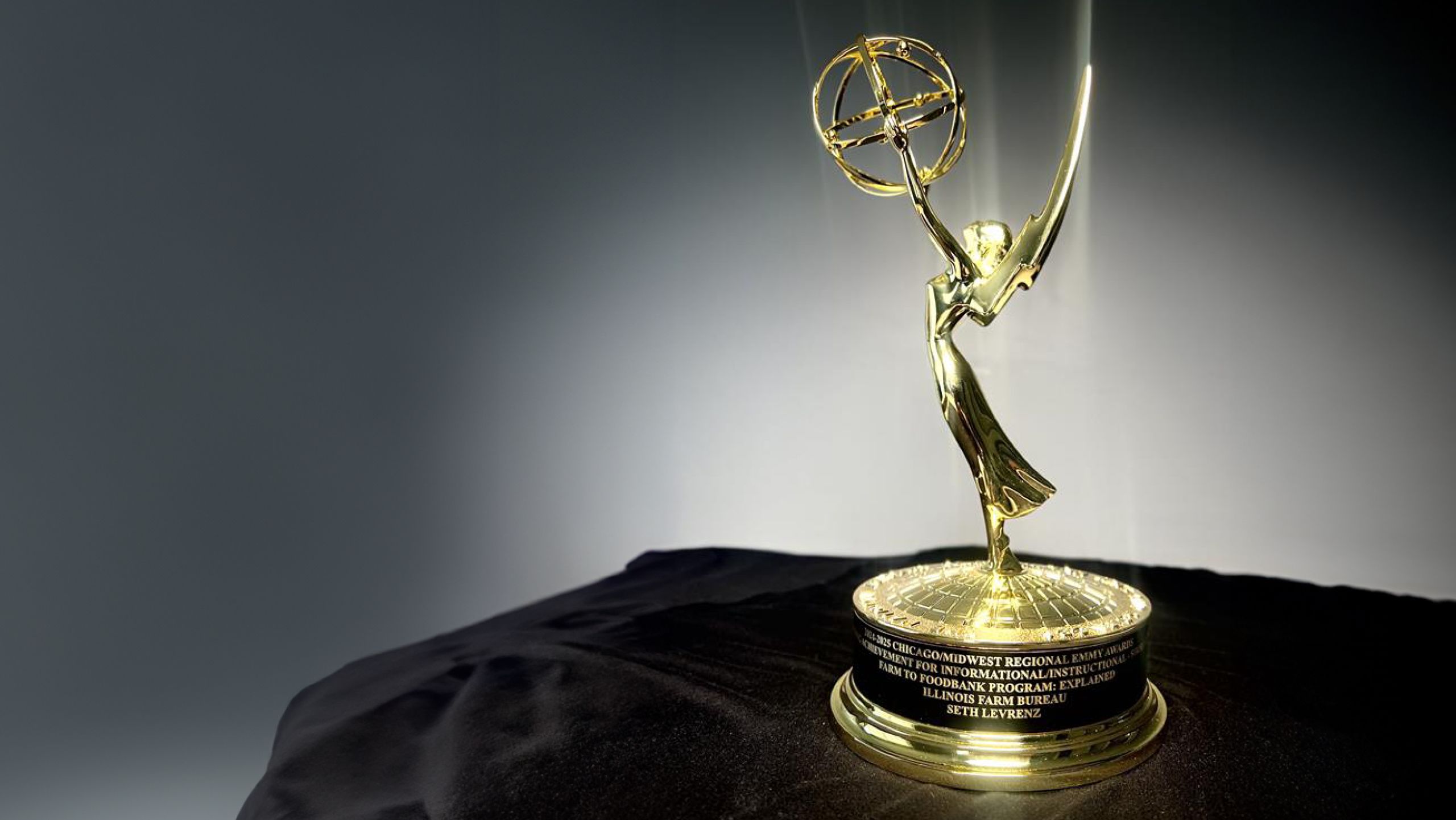 A regional EMMY on a black cloth with a grey background. 
