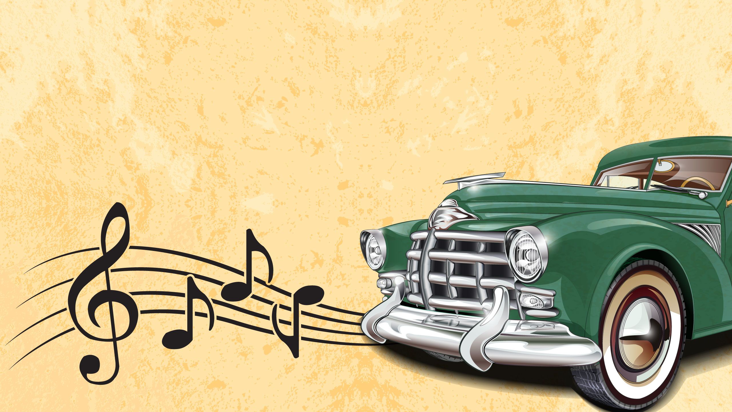 Side view illustration of an old green car with music notes coming out of the side on a yellow textured background.