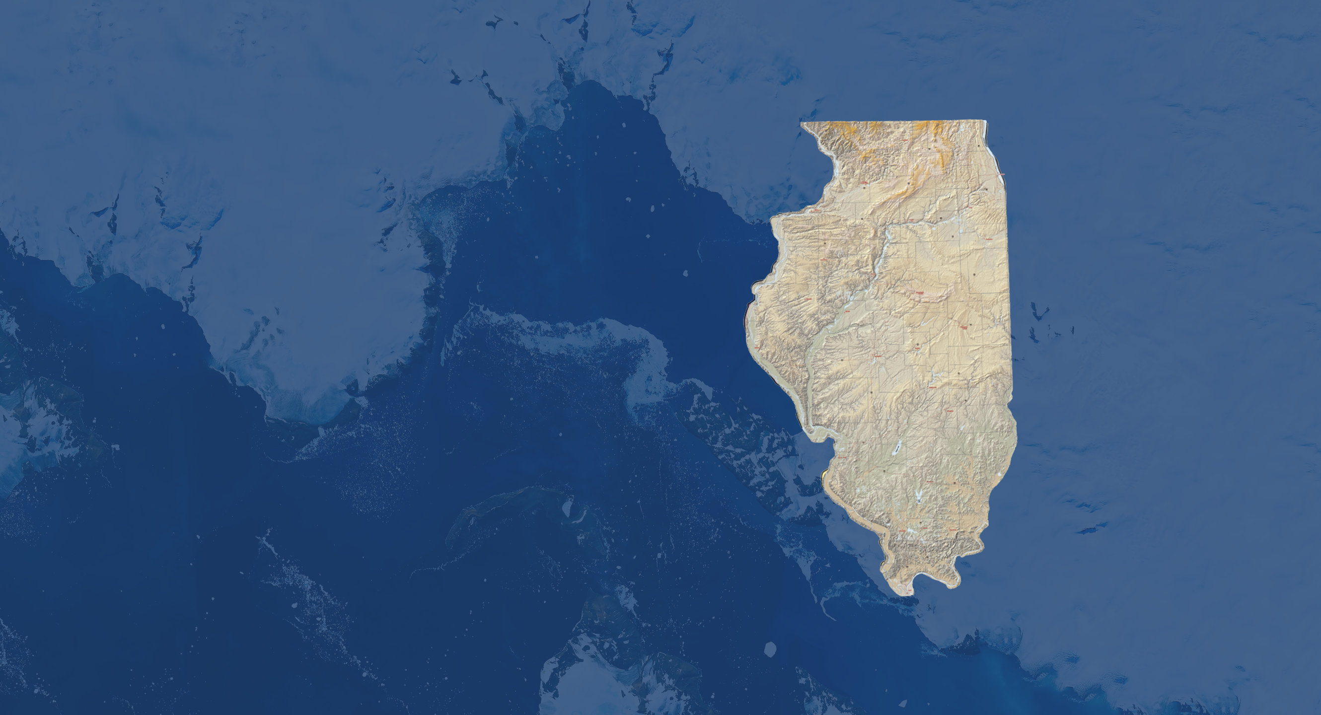 Illinois surface topography map on a dark blue background with a light white glacier texture overlay.