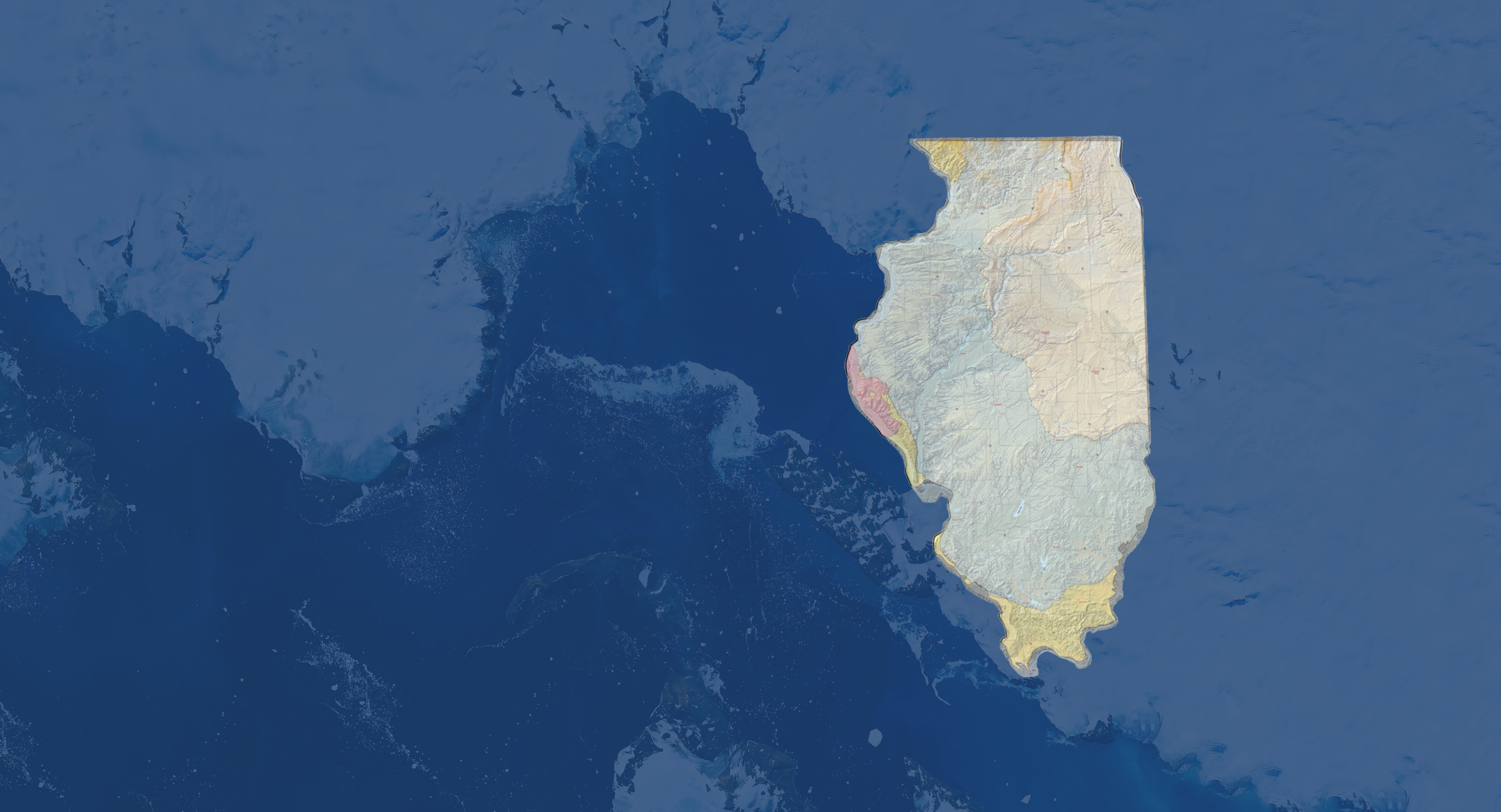 Transition from an Illinois glacial boundaries map to a surface topography map of Illinois on a dark blue background with a light white glacier texture overlay.