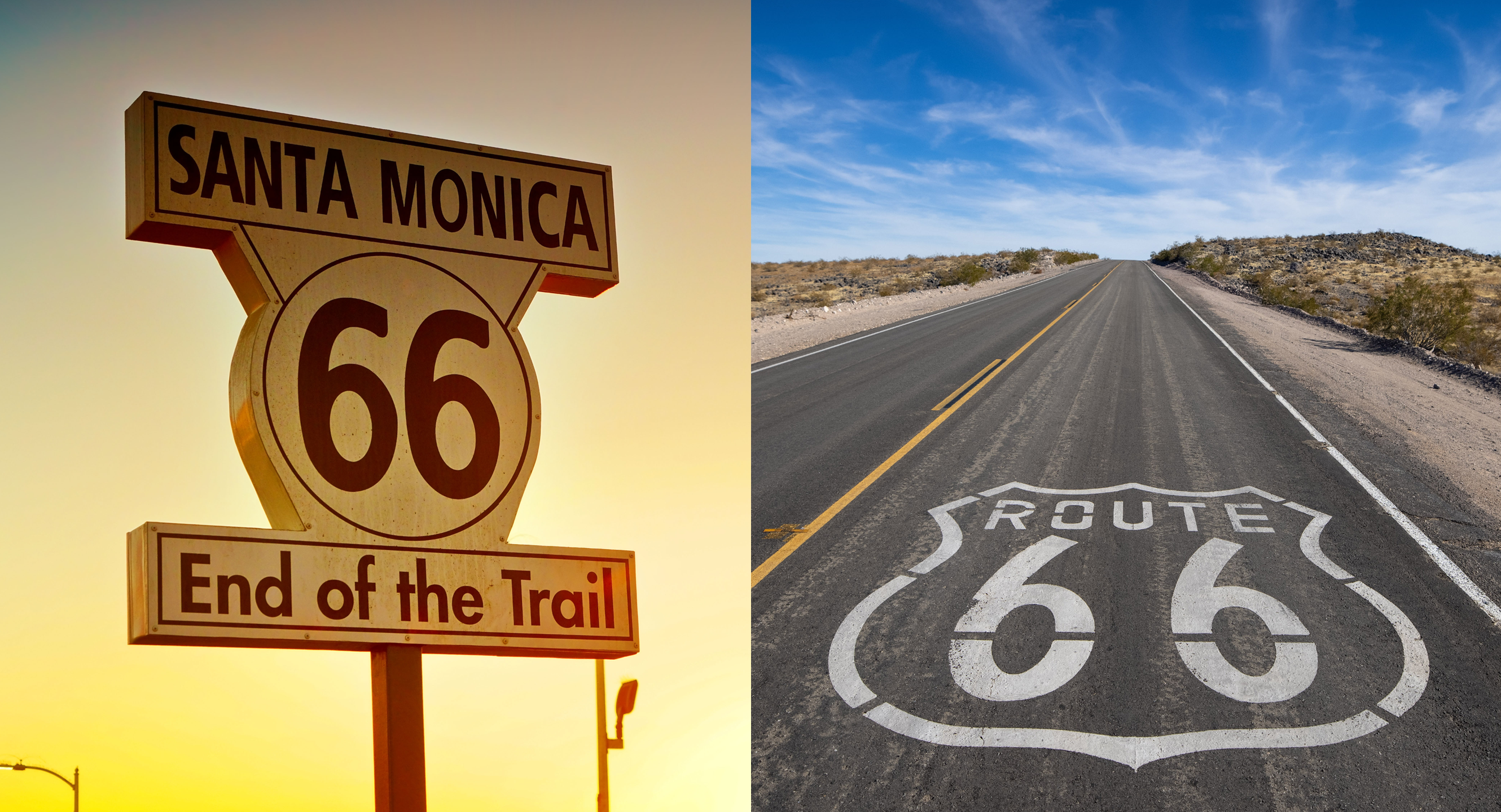 A picture of a tan Route 66 sign with a yellow sky to the left and a picture of the Route 66 logo on a road to the right.
