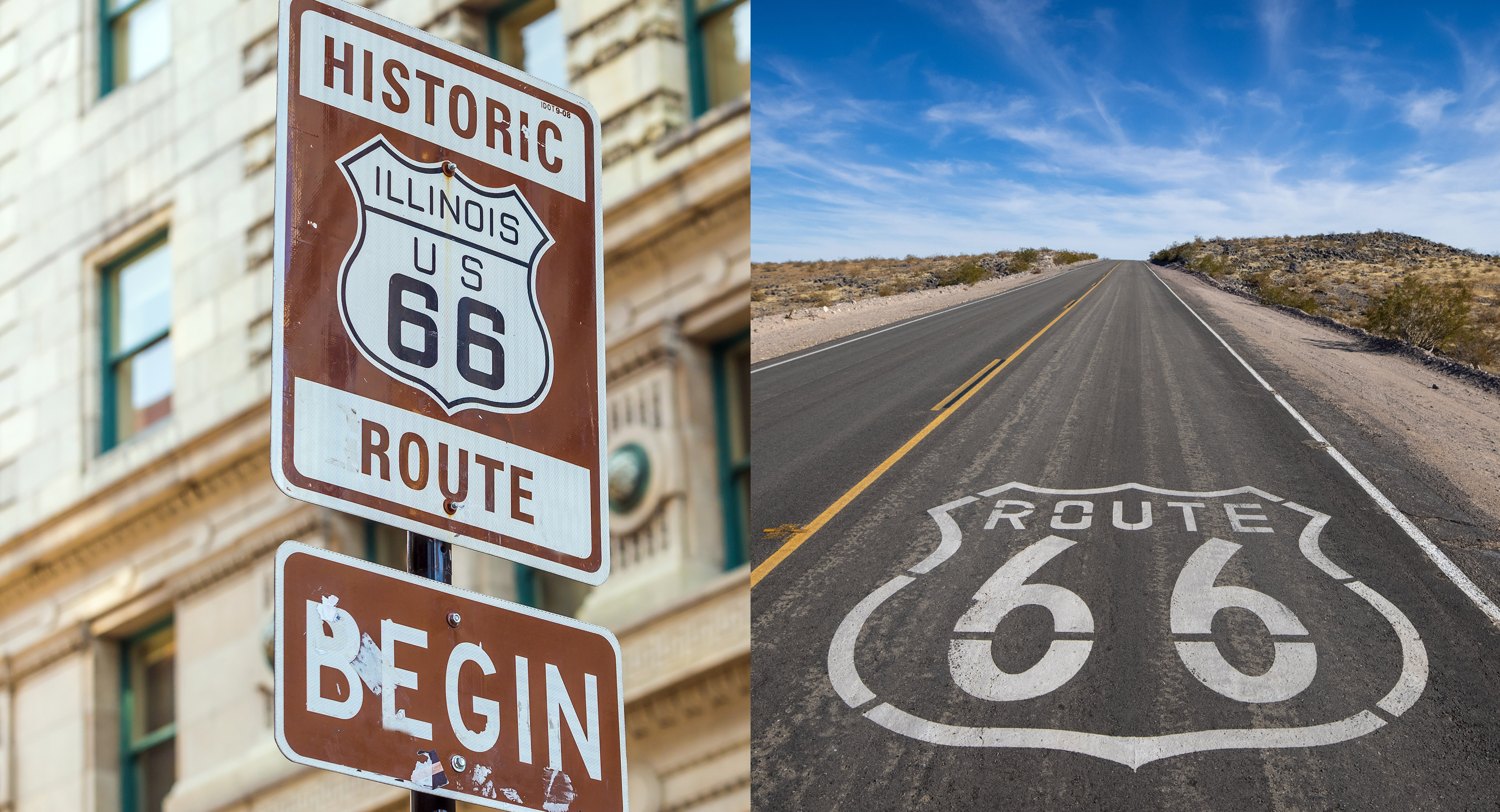 A picture of a brown Route 66 sign in front of a tan concrete building to the left and a picture of the Route 66 logo on a road to the right.