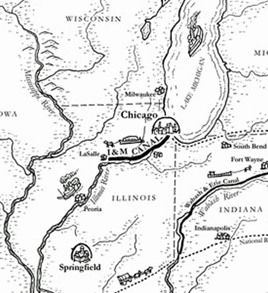 Black and white map zoomed into Illinois and Michigan with a line outlining the Illinois & Michigan canal. 