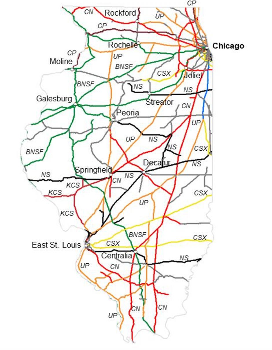 Map of Illinois with the Rail System highlighted with different colored lines. 